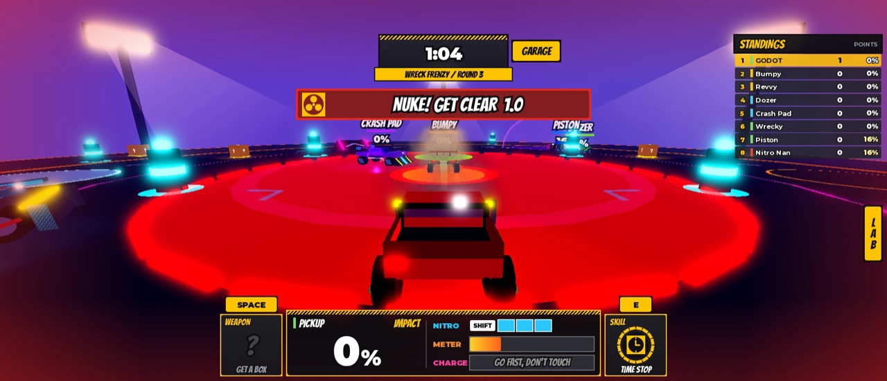 A nuke warning circle glows red under the cars