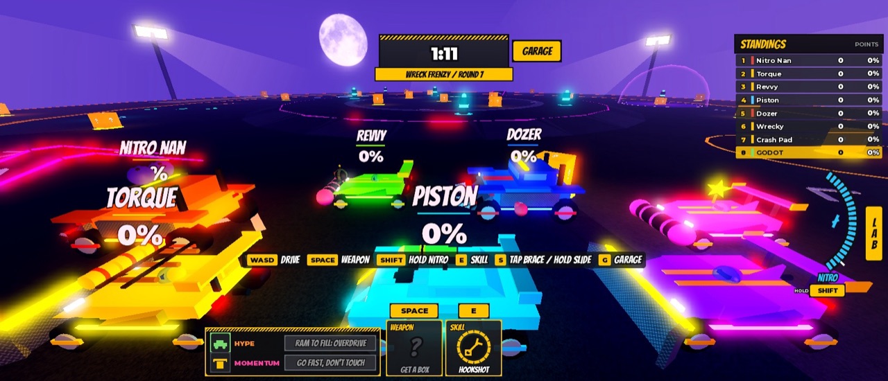 Eight neon cars lined up at the start of a round, weapons loaded